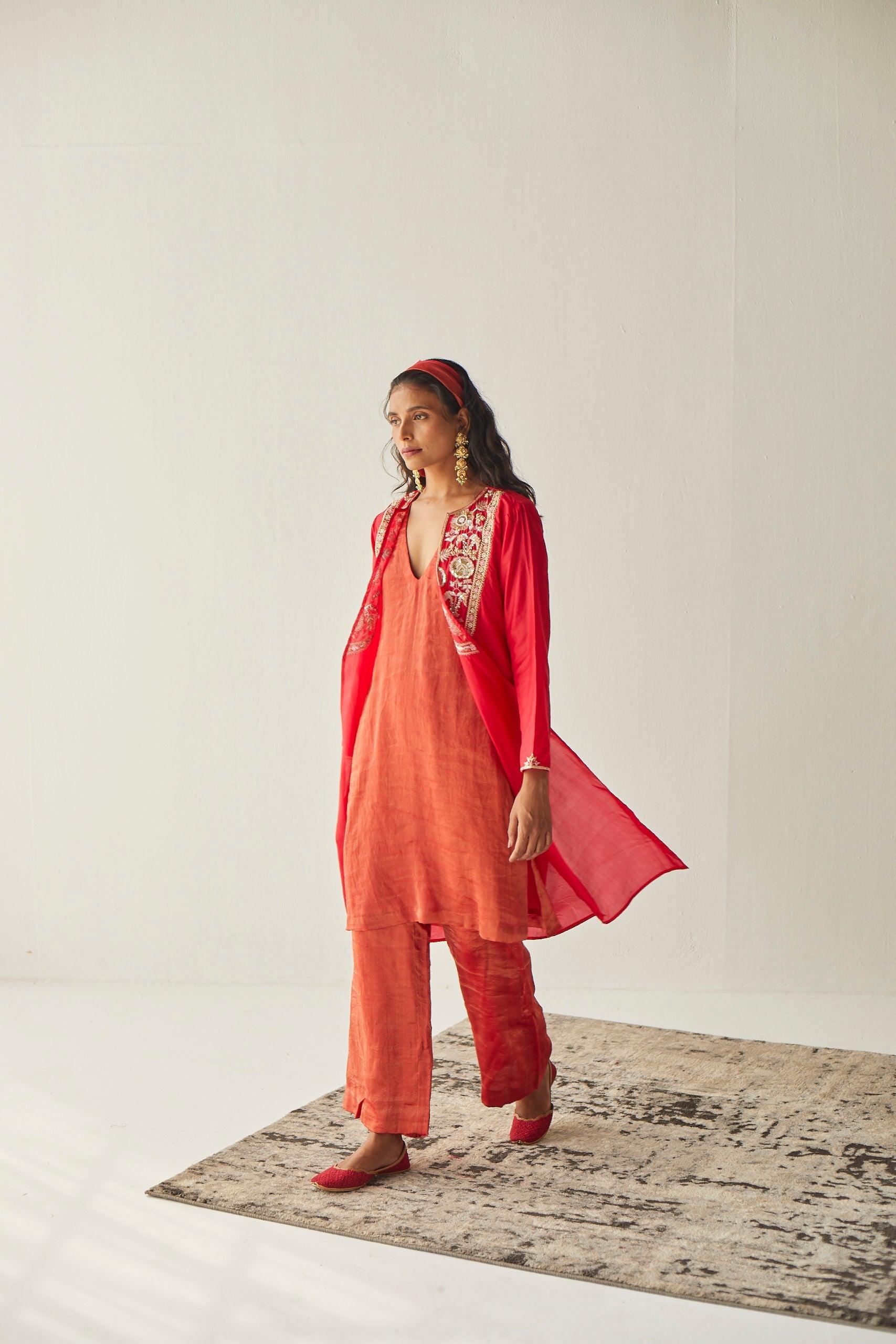 RED SILK JACKET SUIT - Esha Arora